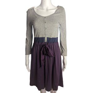 Theory Color Blocking Grey & Purple Casual A-line Dress w/Silk Tie Sash Sz M